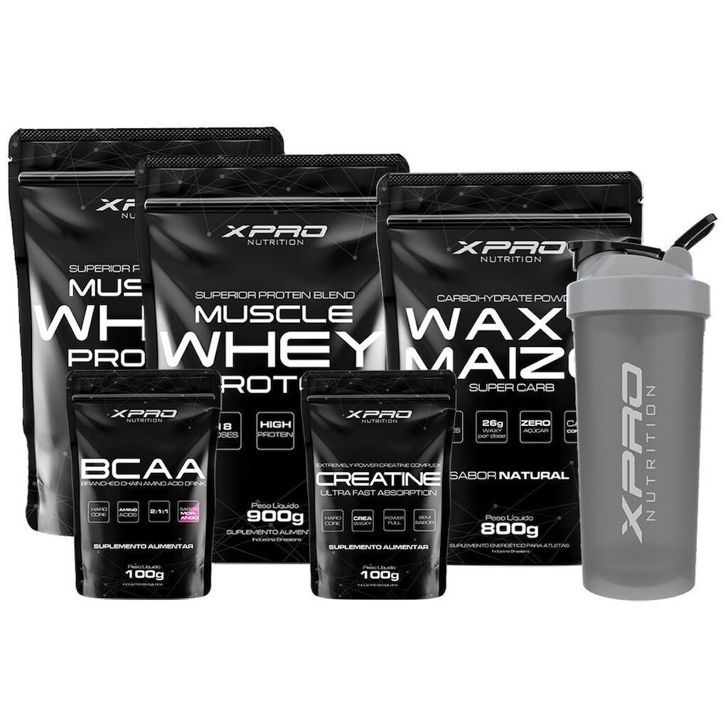 Kit 2x Whey Protein Muscle 900g+Creatina + Bcaa 100g + Waxy Maize 800g + Coquet 700ml-Xpro Nutrition