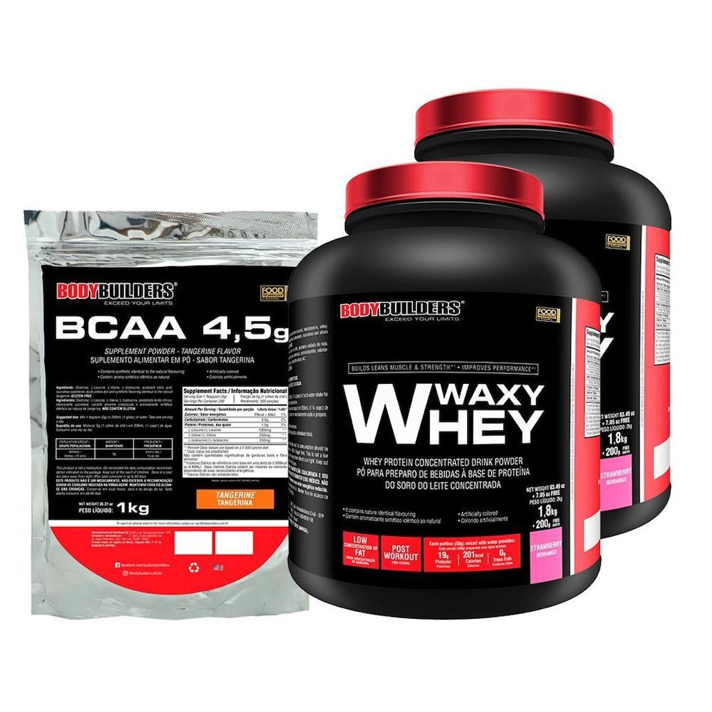 KIT - 2x  Whey Protein Waxy Whey 2kg + BCAA 1kg - BodyBuilders