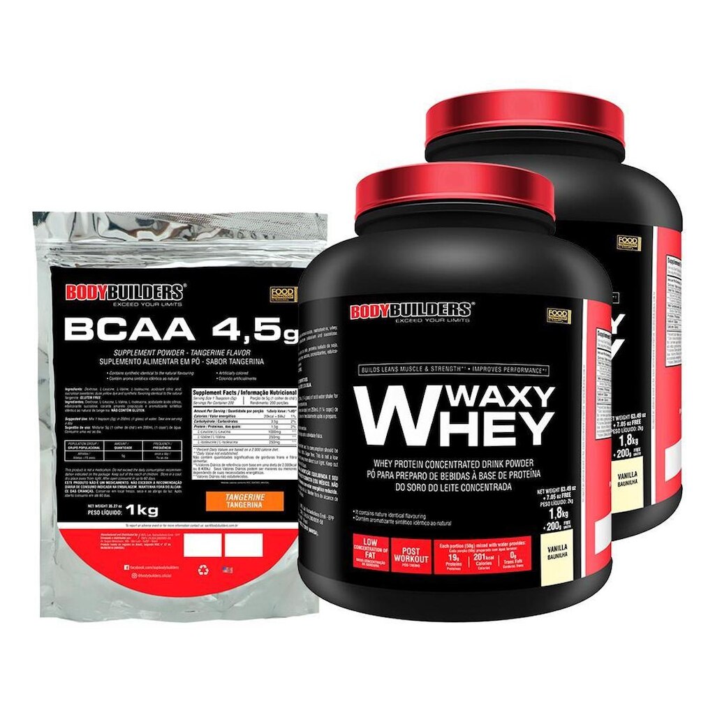 KIT - 2x  Whey Protein Waxy Whey 2kg + BCAA 1kg - BodyBuilders