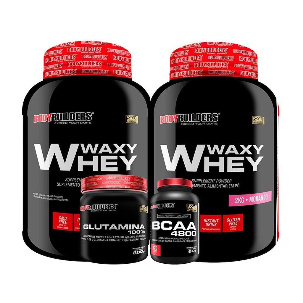 KIT - 2x Whey Protein Waxy Whey 2kg + Glutamina 300g + BCAA 4800 120 Cápsulas - Bodybuilders