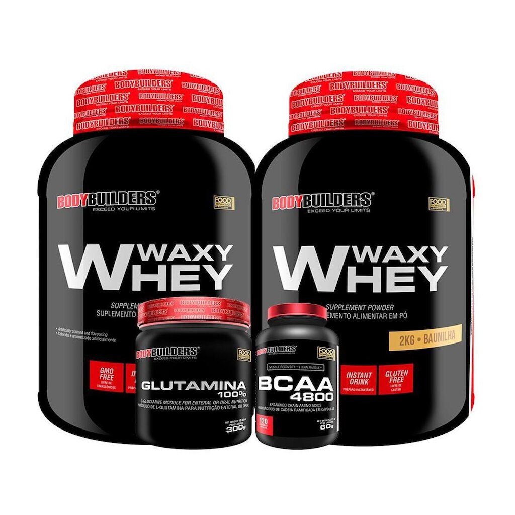 KIT - 2x Whey Protein Waxy Whey 2kg + Glutamina 300g + BCAA 4800 120 Cápsulas - Bodybuilders