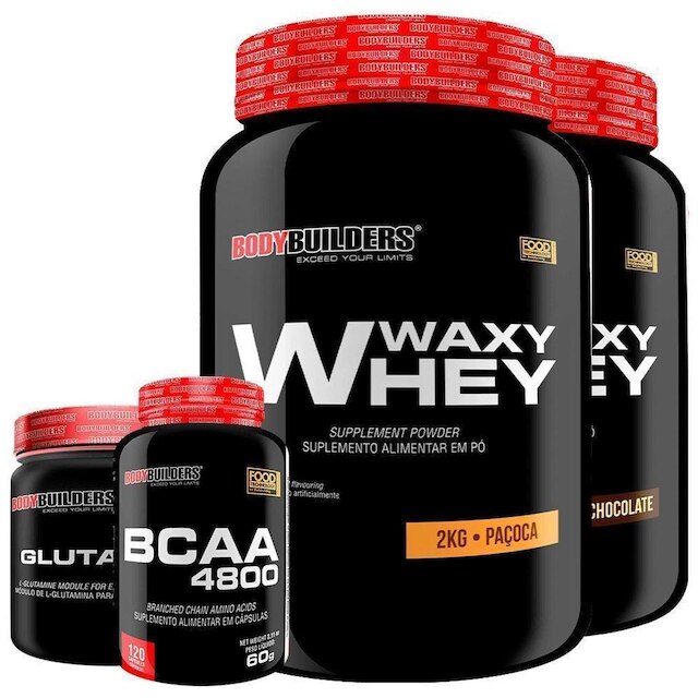KIT - 2x Whey Protein Waxy Whey 2kg + Glutamina 300g + BCAA 4800 120 Cápsulas - Bodybuilders
