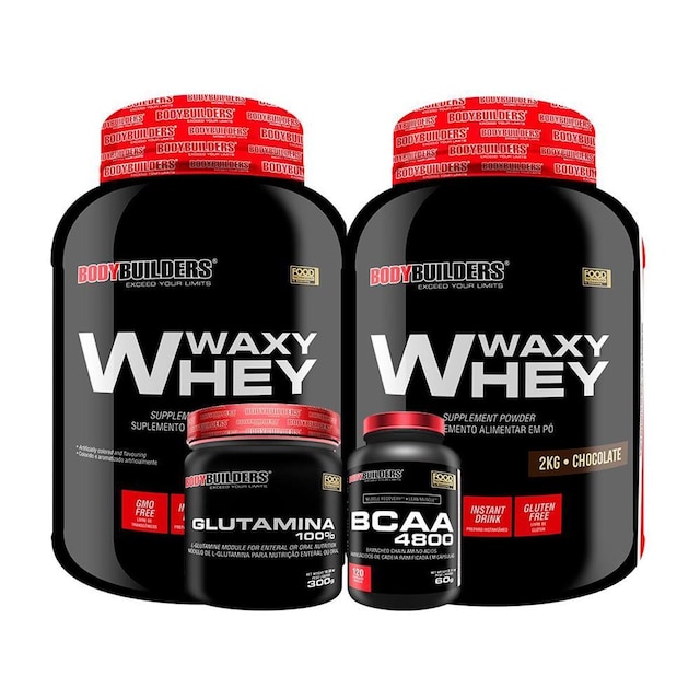 KIT - 2x Whey Protein Waxy Whey 2kg + Glutamina 300g + BCAA 4800 120 Cápsulas - Bodybuilders