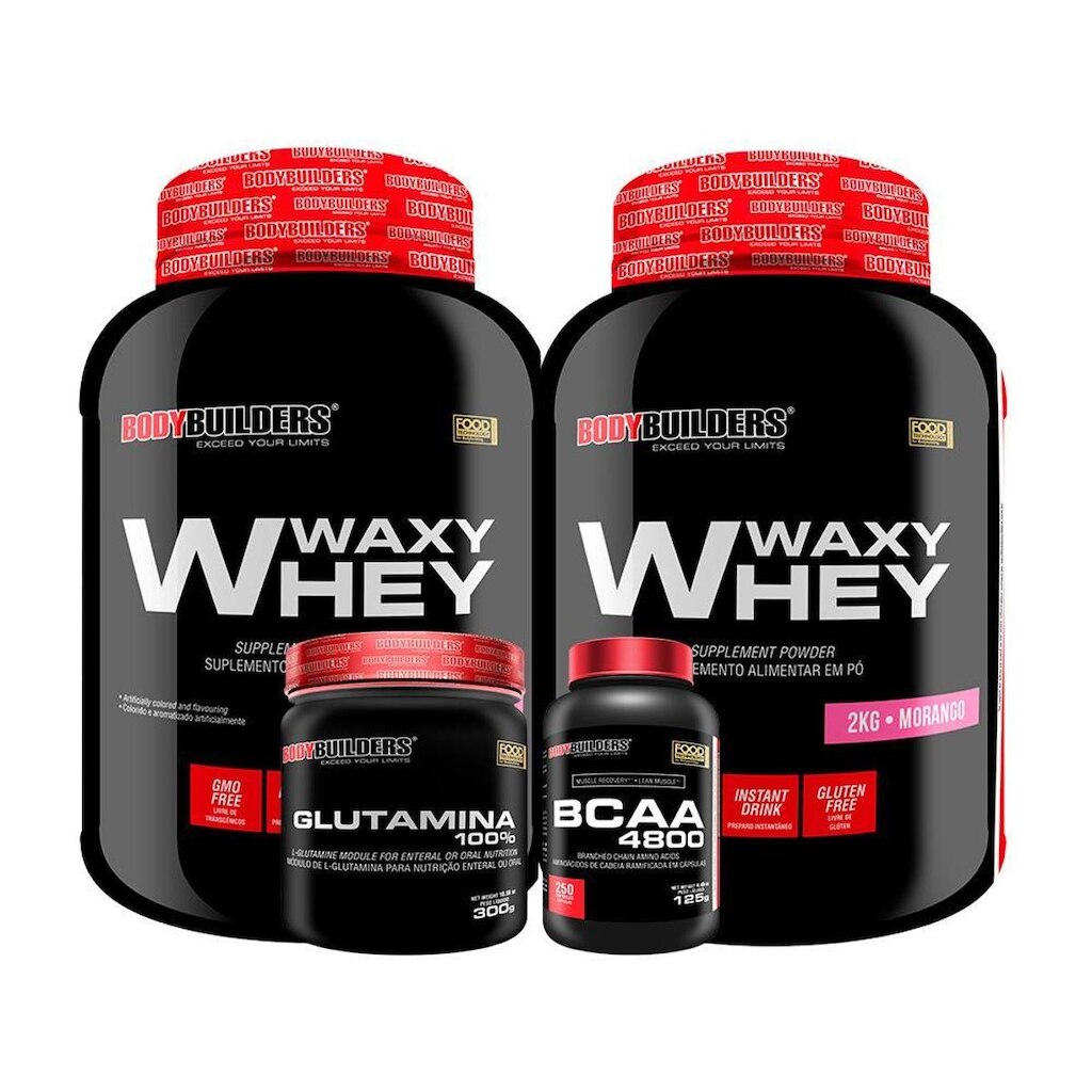 KIT - 2x Whey Protein Waxy Whey 2kg + Glutamina 300g + BCAA 4800 250 Cápsulas - Bodybuilders