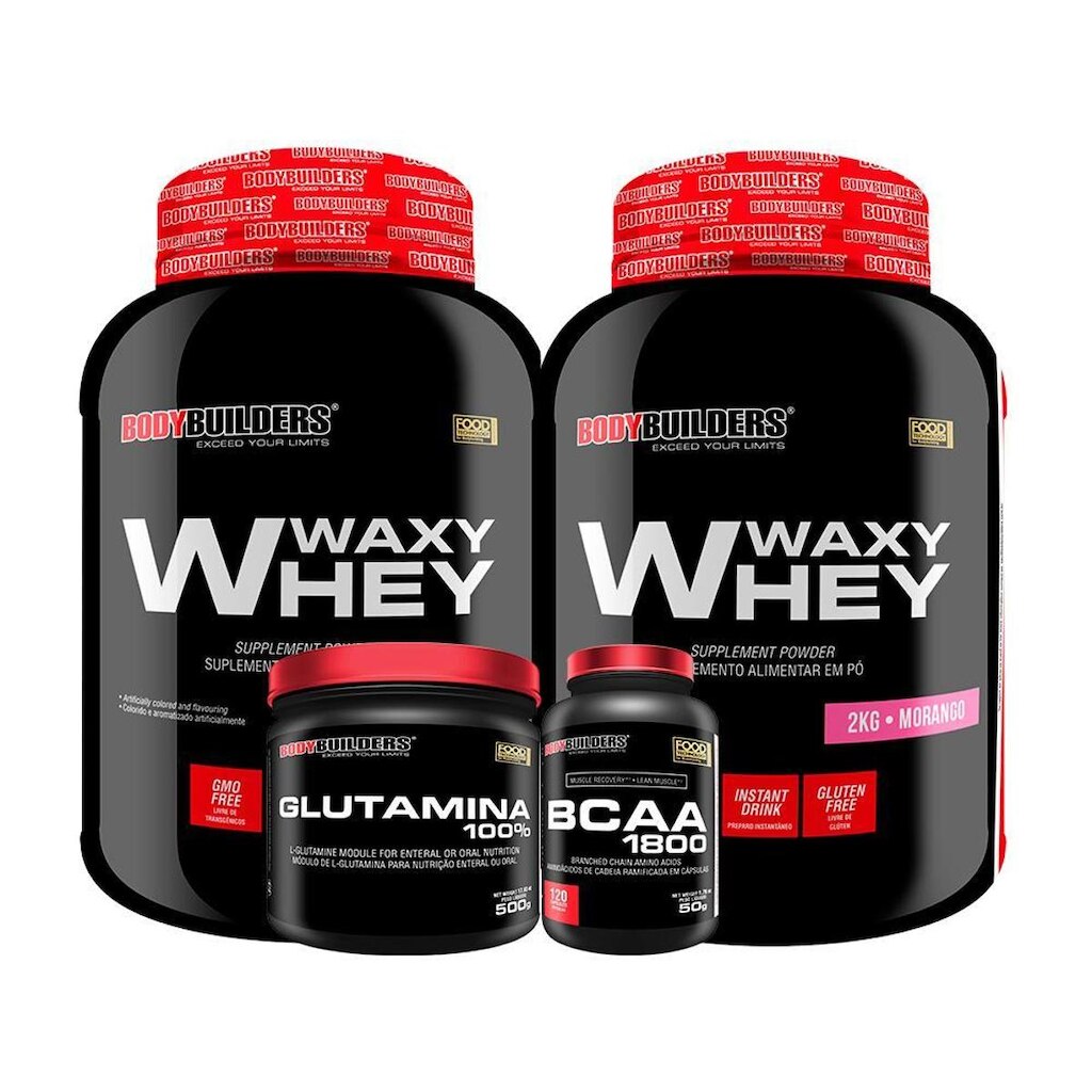 KIT - 2x Whey Protein Waxy Whey 2kg + Glutamina 500g + BCAA 1800 120 Cápsulas - Bodybuilders