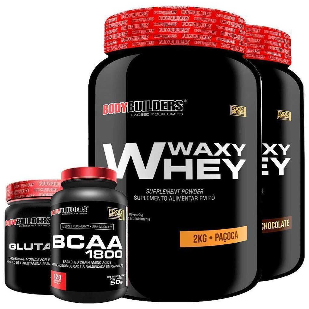 KIT - 2x Whey Protein Waxy Whey 2kg + Glutamina 500g + BCAA 1800 120 Cápsulas - Bodybuilders