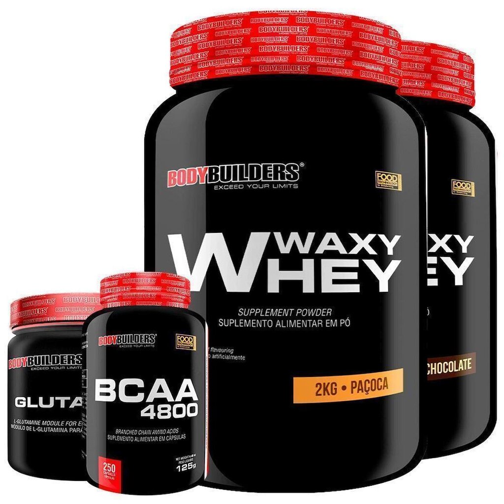 KIT - 2x Whey Protein Waxy Whey 2kg + Glutamina 500g + BCAA 4800 250 Cápsulas - Bodybuilders