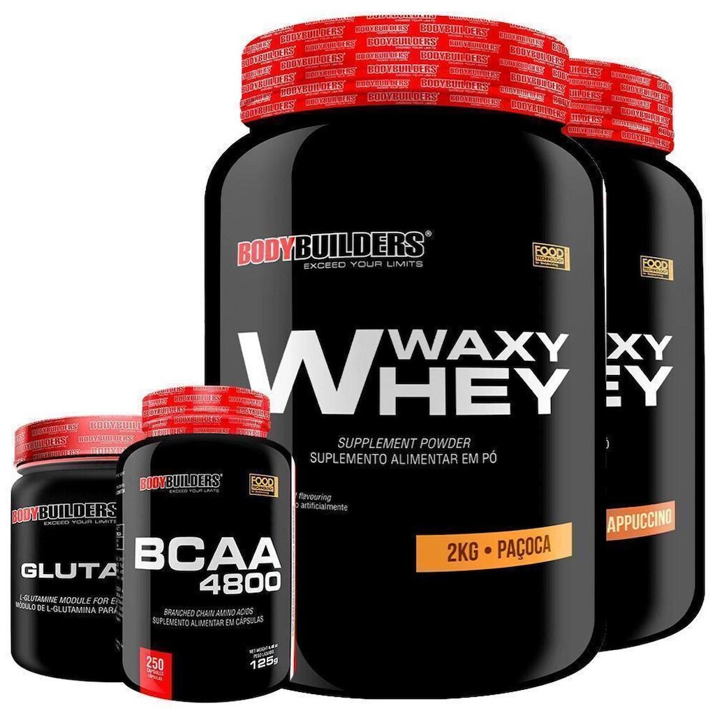 KIT - 2x Whey Protein Waxy Whey 2kg + Glutamina 500g + BCAA 4800 250 Cápsulas - Bodybuilders