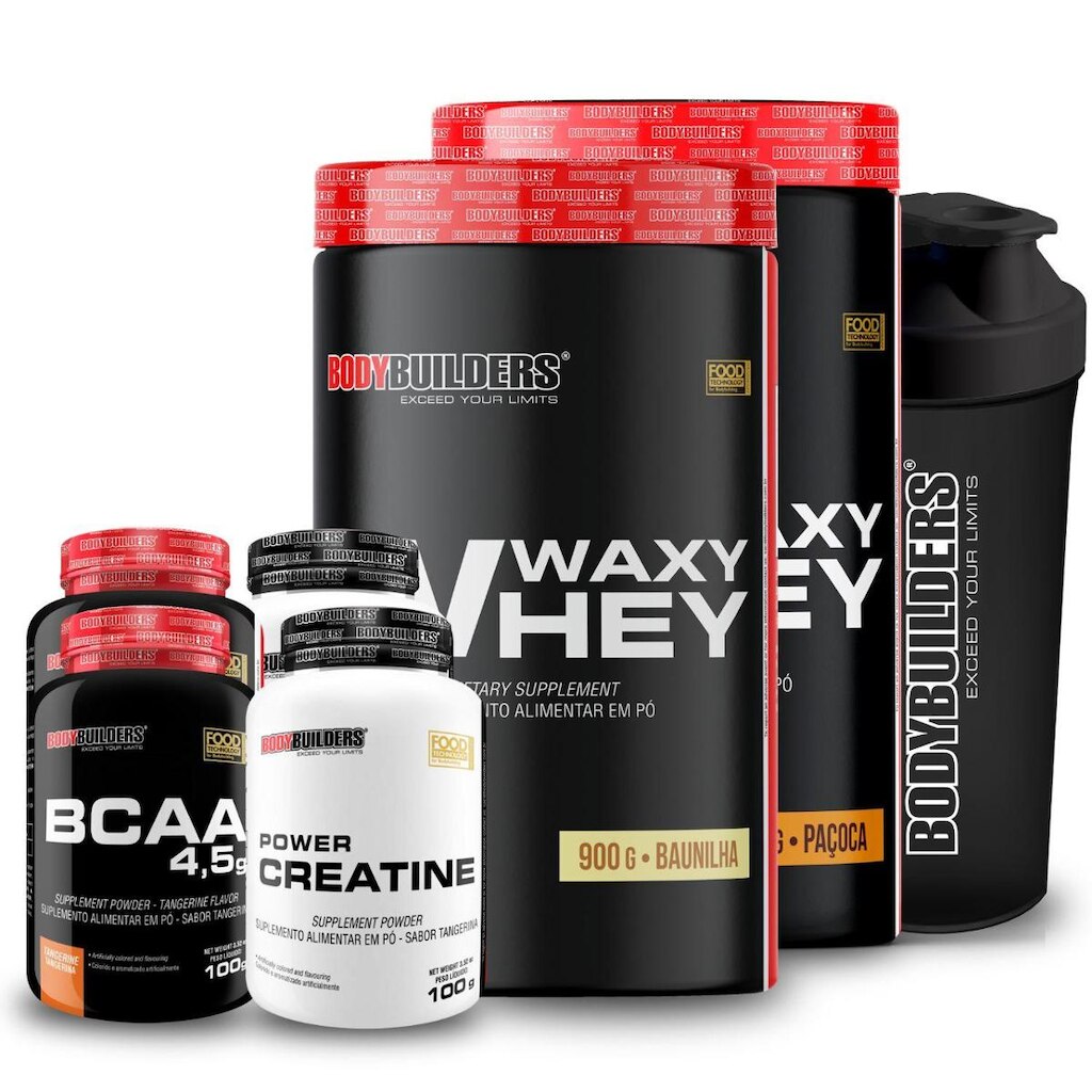 Kit 2x Whey Protein Waxy Whey 900g + 2x BCAA 100g + 2x Creatina 100g + Coq - Bodybuilders