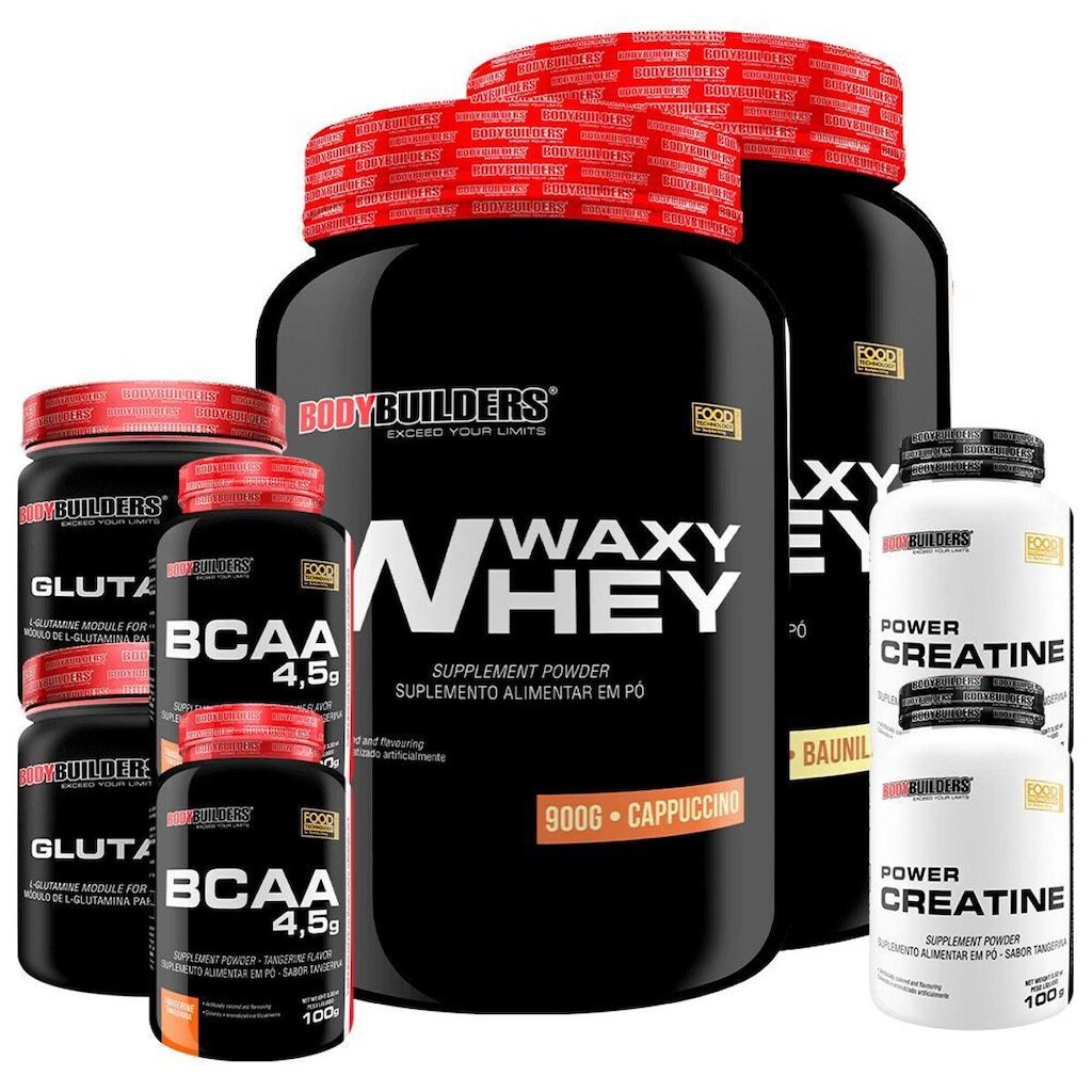 Kit 2x Whey Protein Waxy Whey 900g+2x creatina 100gr+2 glutamina 300gr +2x BCAA 4,5 100gr-BB