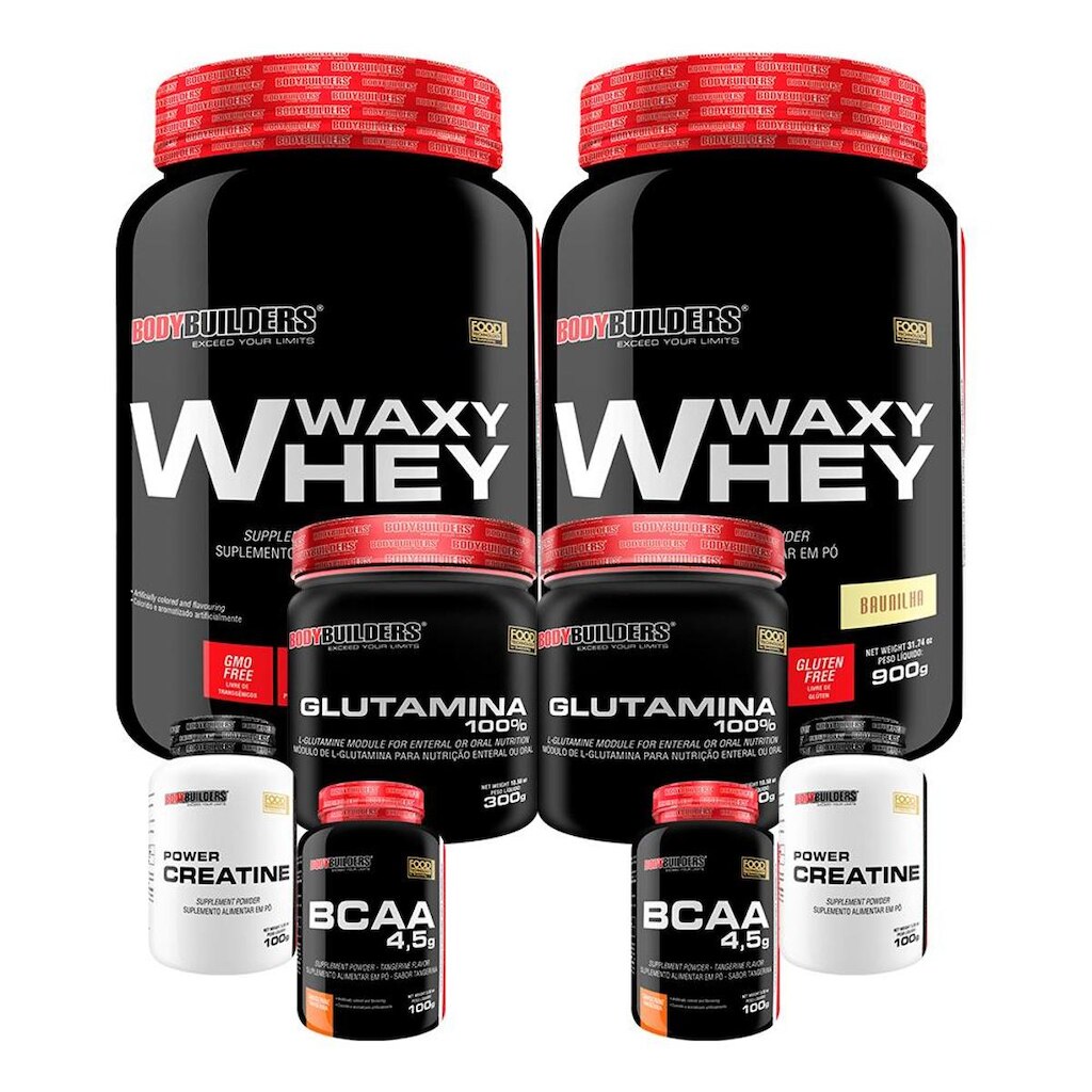 Kit 2x Whey Protein Waxy Whey 900g+2x creatina 100gr+2 glutamina 300gr +2x BCAA 4,5 100gr-BB
