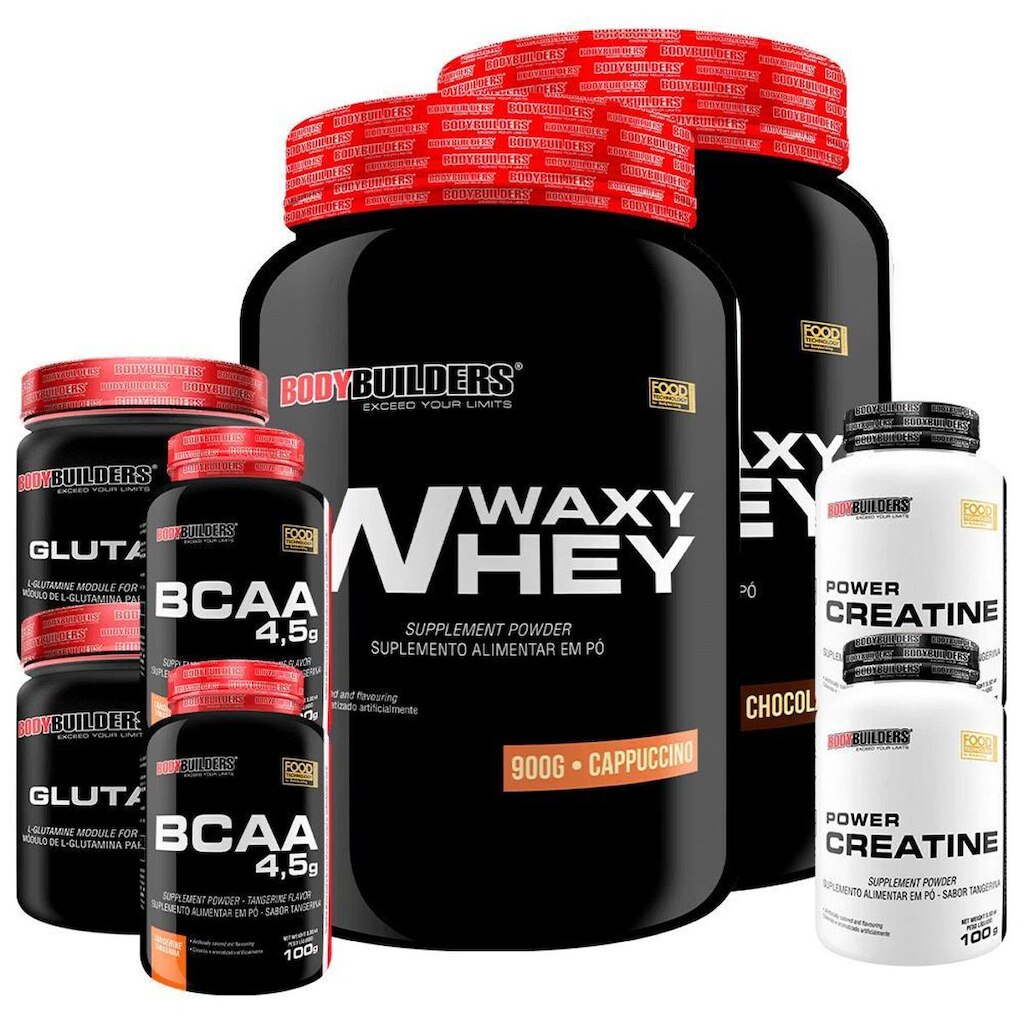 Kit 2x Whey Protein Waxy Whey 900g+2x creatina 100gr+2 glutamina 300gr +2x BCAA 4,5 100gr-BB