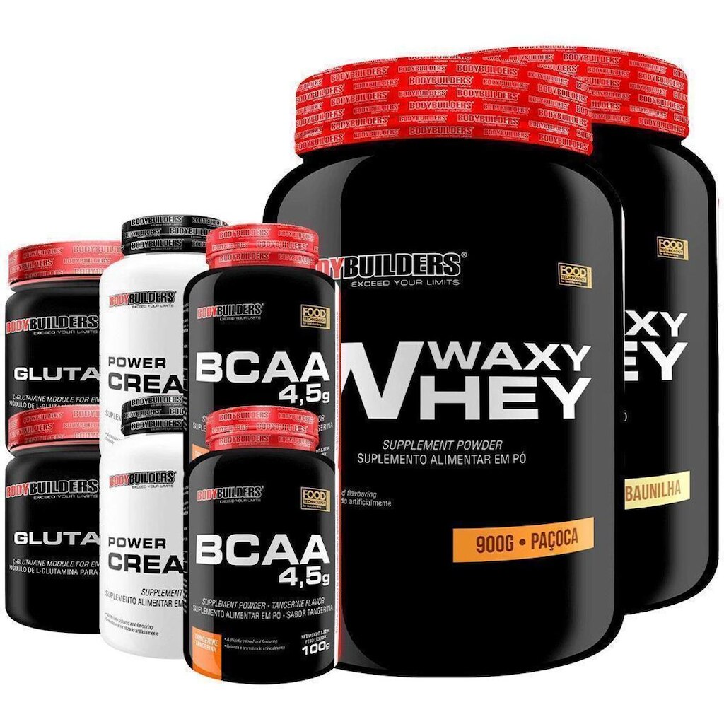 Kit 2x Whey Protein Waxy Whey 900g+2x creatina 100gr+2 glutamina 300gr +2x BCAA 4,5 100gr-BB