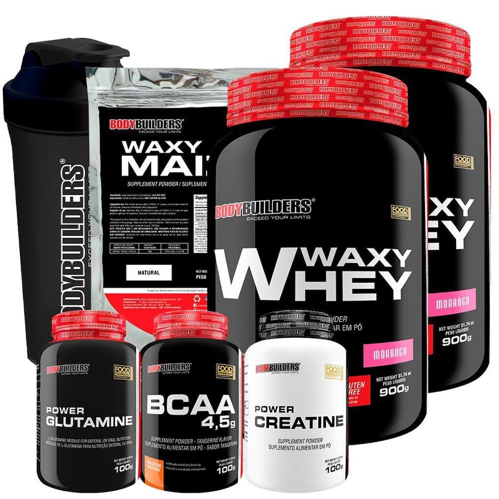 KIT 2x Whey Protein Waxy Whey + BCAA + Creatina + Waxy Maize + Glutamina + Coqueteleira - BB