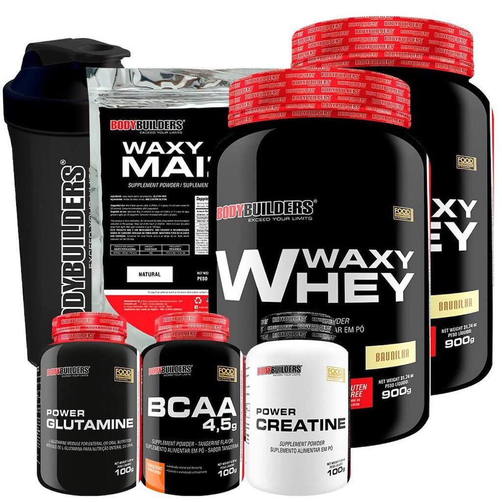 KIT 2x Whey Protein Waxy Whey + BCAA + Creatina + Waxy Maize + Glutamina + Coqueteleira - BB