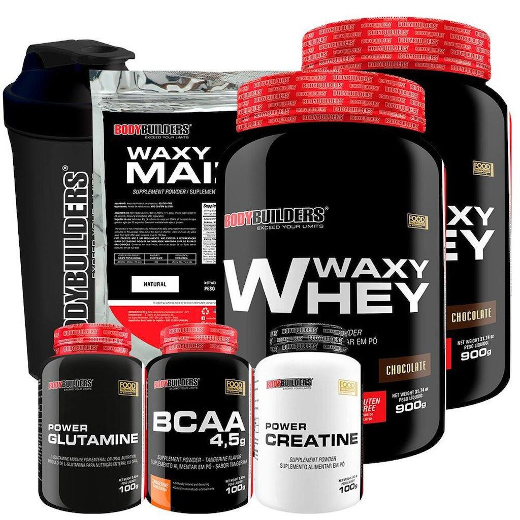 KIT 2x Whey Protein Waxy Whey + BCAA + Creatina + Waxy Maize + Glutamina + Coqueteleira - BB