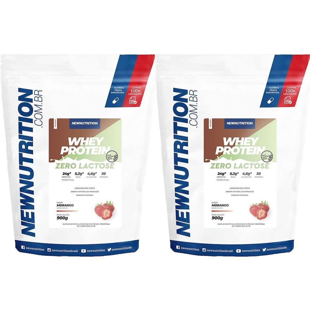 Kit 2X Whey Protein Zero Lactose All Natural - 900g Refil Morango - NewNutrition
