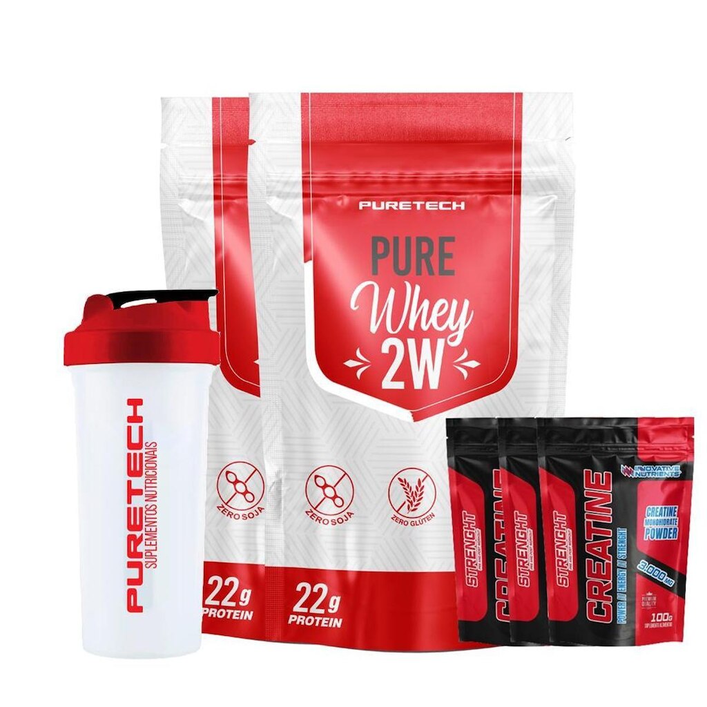 Kit 2x Whey Pure 2W 900g + 2x Pure Crea+Tech 96g + Coqueteleira 700ml - Puretech
