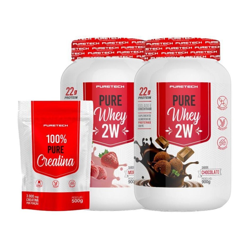 Kit 2x Whey Pure 2W 900g + Creatina 100% Pura 500g PURETECH