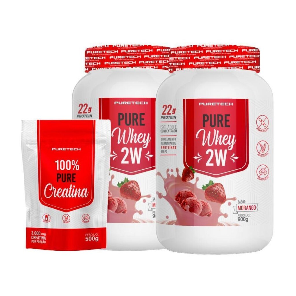 Kit 2x Whey Pure 2W 900g + Creatina 100% Pura 500g PURETECH