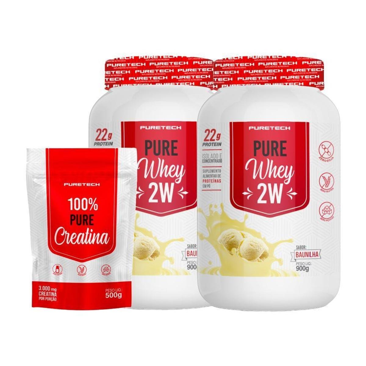 Kit 2x Whey Pure 2W 900g + Creatina 100% Pura 500g PURETECH