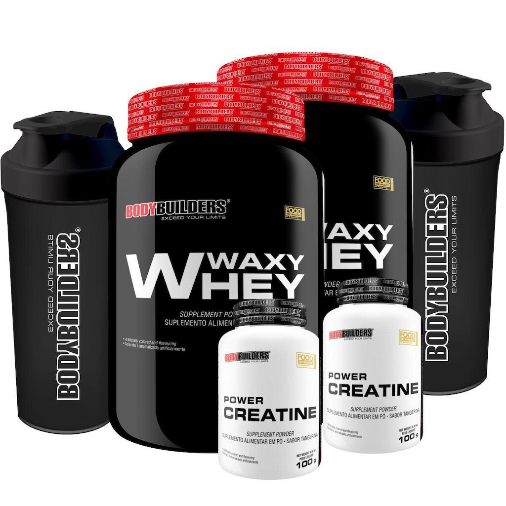 Kit 2x Whey Waxy Whey 900g + 2x Power Creatina 100g  + 2x Coqueteleira - odybuilders