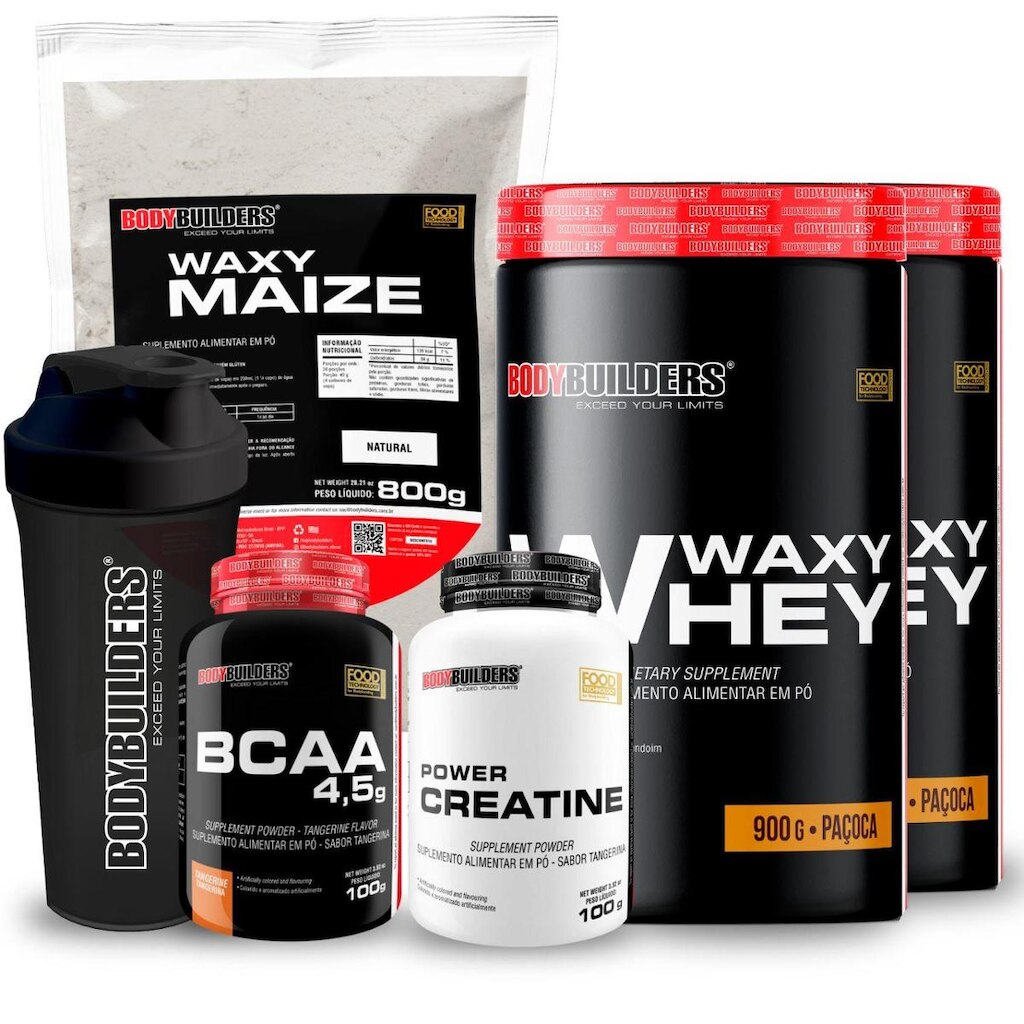 Kit 2x Whey Waxy Whey 900g + Waxy Maize 800g + Creatina 100g + BCAA 100g + 2 Coq - Bodybuilders