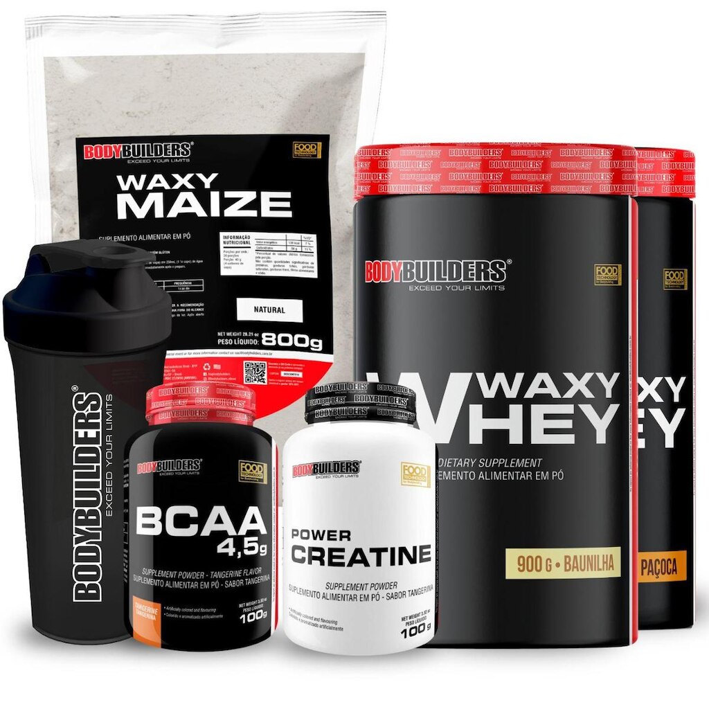 Kit 2x Whey Waxy Whey 900g + Waxy Maize 800g + Creatina 100g + BCAA 100g + 2 Coq - Bodybuilders