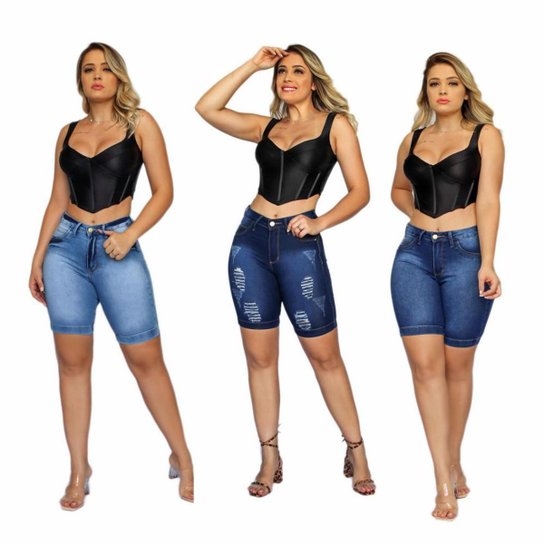 Kit 3 Bermuda Jeans Feminina Ciclista Tradicional Cintura Alta - Azul Claro Menor preço em Kit 3 Bermuda Jeans Feminina Ciclista Tradicional Cintura Alta - Azul Claro