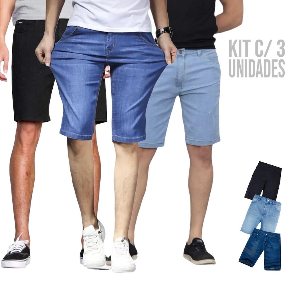 Kit 3 Bermudas JEANS SKINNY Masculinas Casual Elastano Short Slim