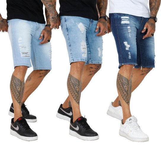 Kit 3 Bermudas Masculina Slim Destroyed - Jeans Menor preço em Kit 3 Bermudas Masculina Slim Destroyed - Jeans
