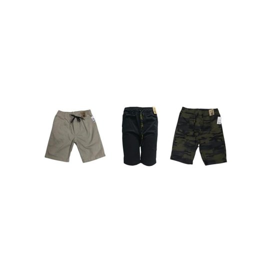 Kit 3 Bermudas Sarja Color Masculina Juvenil - Bege+Preto Menor preço em Kit 3 Bermudas Sarja Color Masculina Juvenil - Bege+Preto