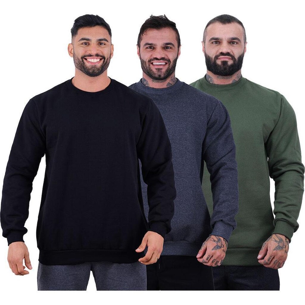 Kit 3 Blusa Frio Moletom Basic MXD Conceito Sem Capuz e Bolso Lisas