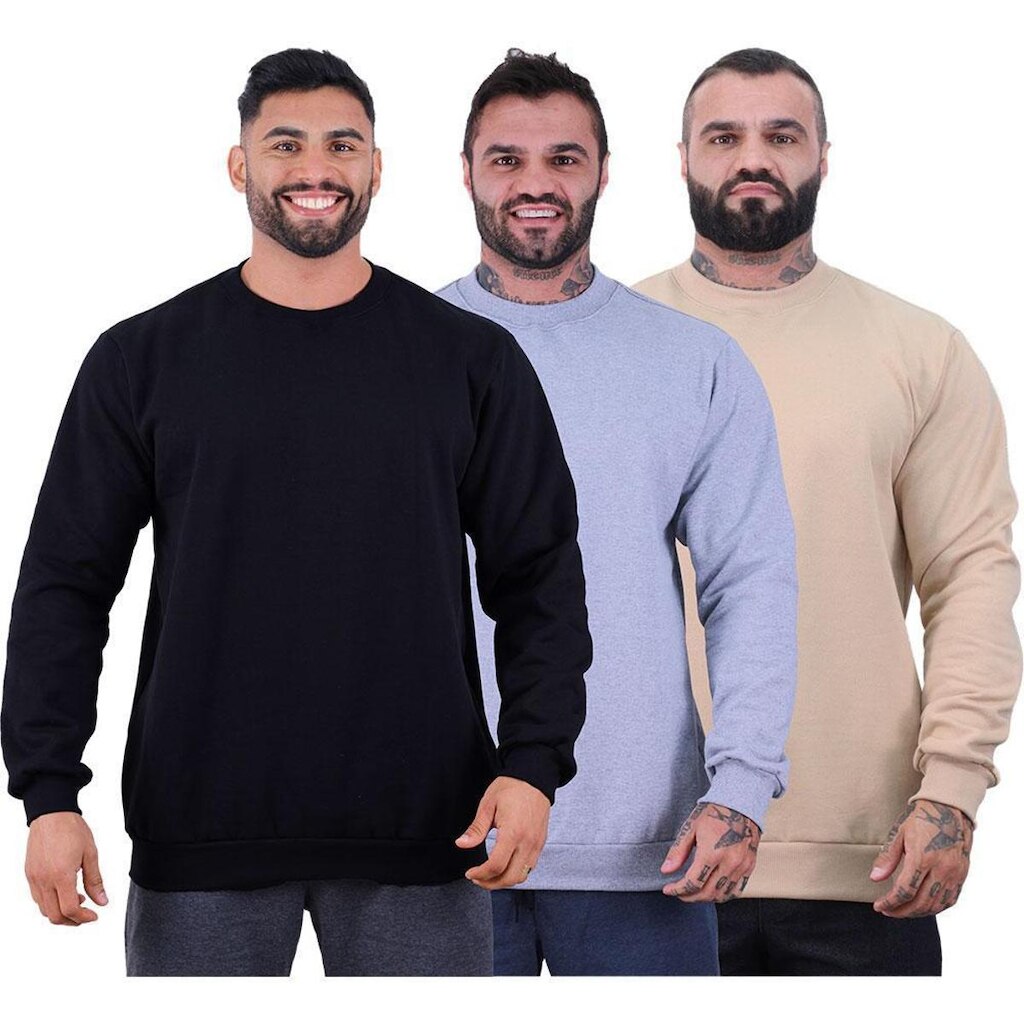 Kit 3 Blusa Frio Moletom Basic MXD Conceito Sem Capuz e Bolso Lisas