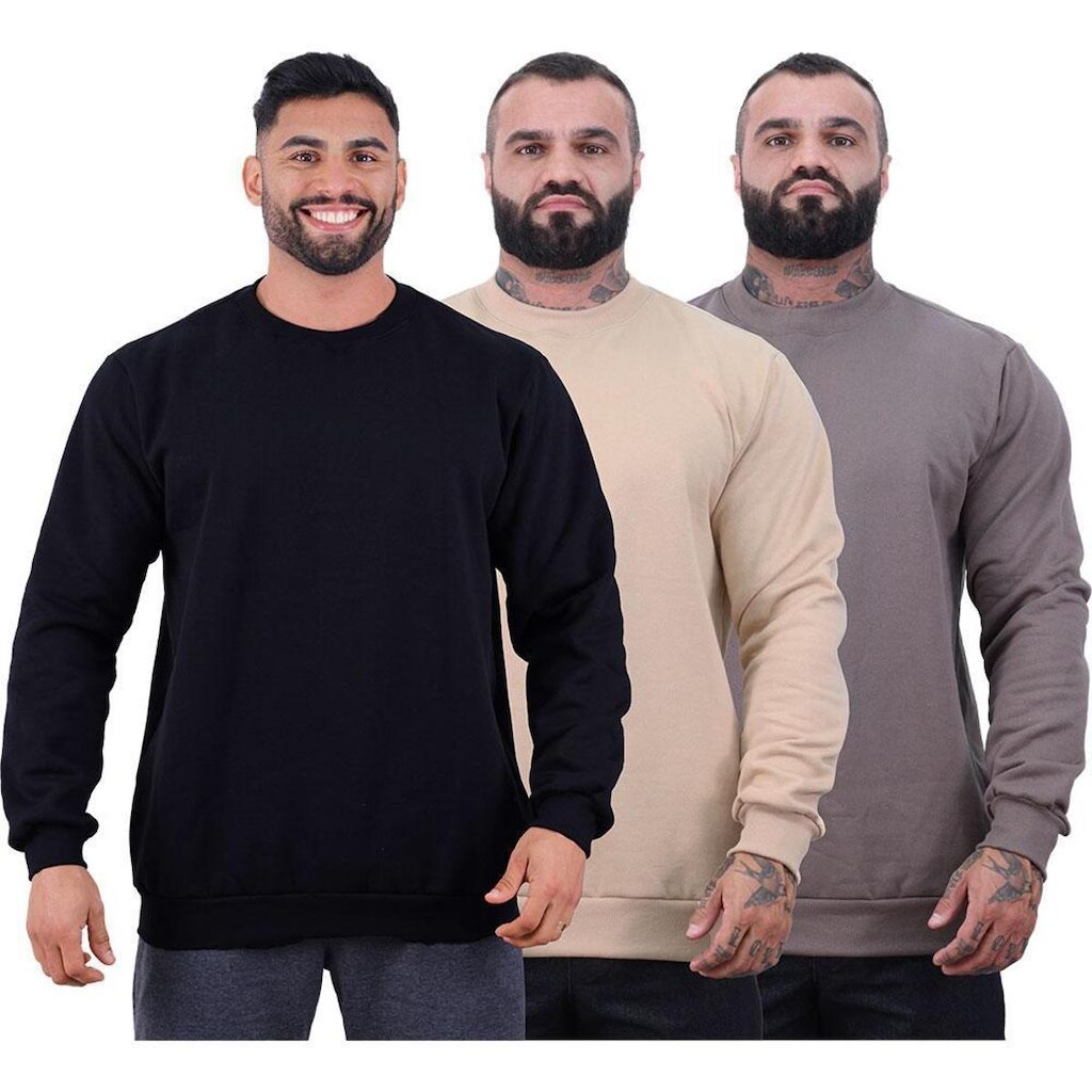 Kit 3 Blusa Frio Moletom Basic MXD Conceito Sem Capuz e Bolso Lisas