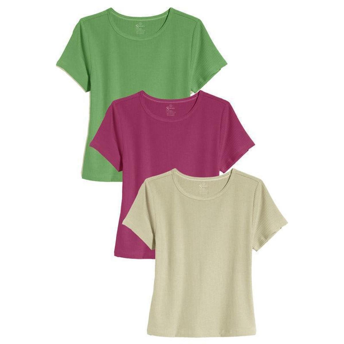 Kit 3 Blusas Blusinhas Feminina Canelada Manga Curta Menor preço em Kit 3 Blusas Blusinhas Feminina Canelada Manga Curta