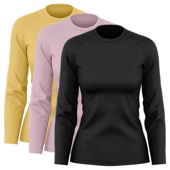 Kit 3 Blusas Feminina Dry Academia Camiseta Segunda Pele Manga Longa Proteção Solar UV