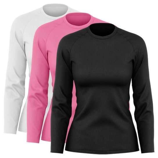 Kit 3 Blusas Feminina Dry Academia Camiseta Segunda Pele Manga Longa Proteção Solar UV