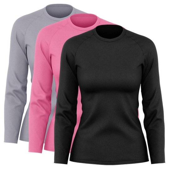 Kit 3 Blusas Feminina Dry Academia Camiseta Segunda Pele Manga Longa Proteção Solar UV