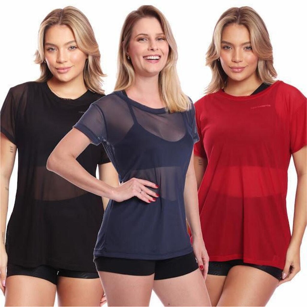 Kit 3 Blusas Mangas Curtas Tule Feminino
