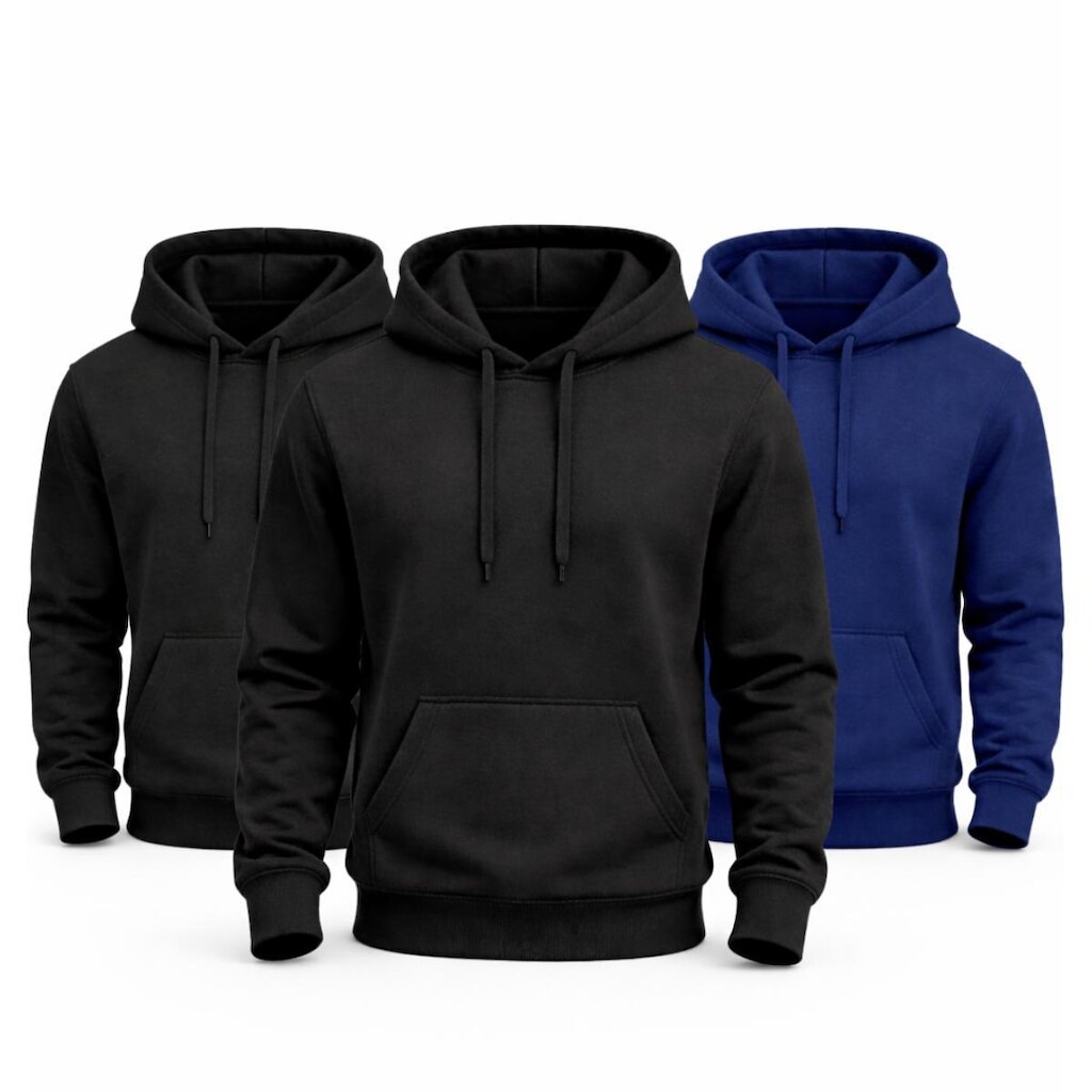 Kit 3 Blusas Moletom Canguru com Capuz Liso Adulto Masculino