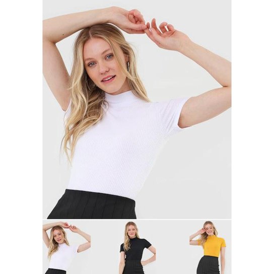Kit 3 Blusas Salvatore Gola Alta Comfy Malha Canelada Feminino - Preto+Branco Menor preço em Kit 3 Blusas Salvatore Gola Alta Comfy Malha Canelada Feminino - Preto+Branco