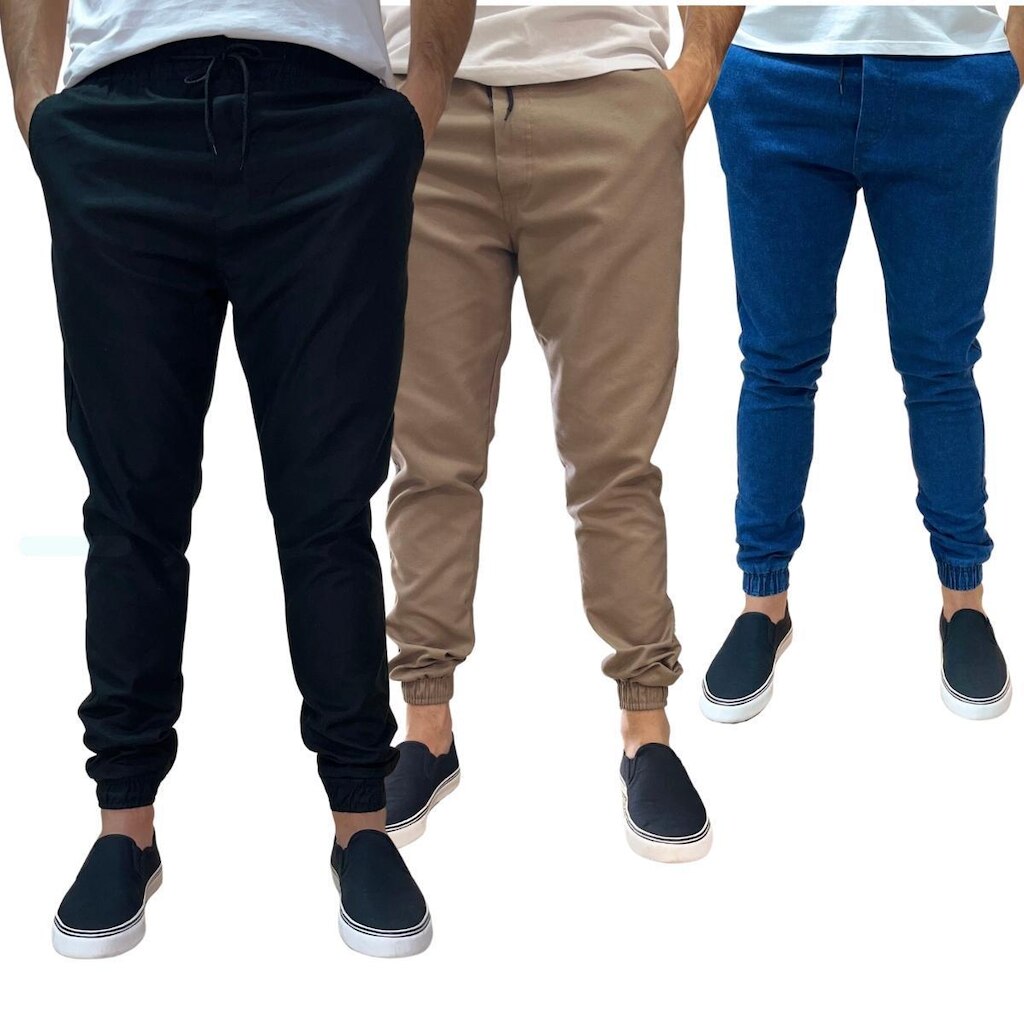 Kit 3 Calça Joer Masculina Jeans Sarja Com Punho Elástico