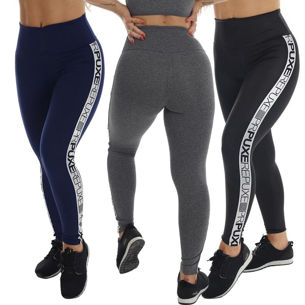 Kit 3 Calça Legging Cintura Alta Cós Duplo Lisa Elástico Lateral Feminina