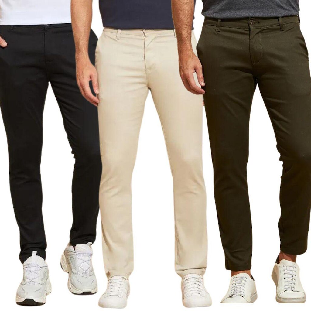 Kit 3 Calças de Sarja Chino Com Bolso Traseiro Embutido Alfaiataria