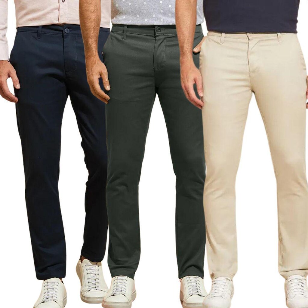 Kit 3 Calças de Sarja Chino Com Bolso Traseiro Embutido Alfaiataria