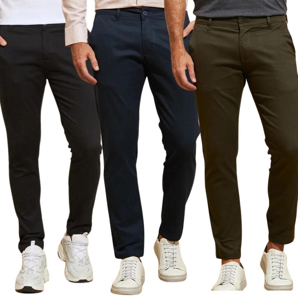 Kit 3 Calças de Sarja Chino Com Bolso Traseiro Embutido Alfaiataria