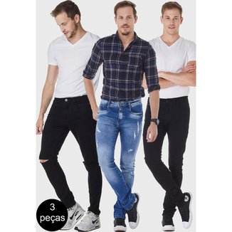 Kit 3 Calças HNO Jeans Premium Skinny com Elastano Azul-Preto