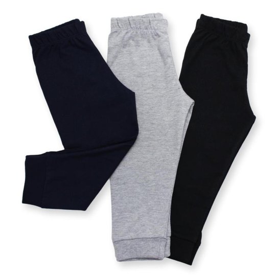 Kit 3 Calças Infantis de Malha - Azul Marinho, Cinza e Preto - Preto+Marinho Menor preço em Kit 3 Calças Infantis de Malha - Azul Marinho, Cinza e Preto - Preto+Marinho