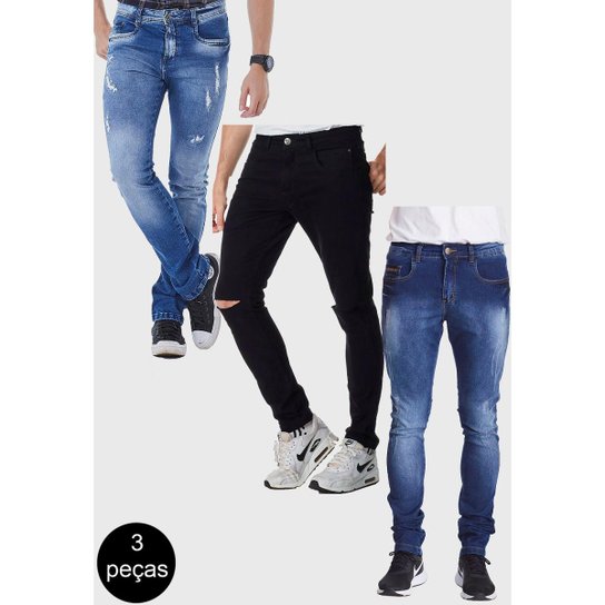 Kit 3 Calças Jeans Masculinas HNO Jeans Skinny Azul Destroyed-Preta-Azul Marinho - Azul Escuro Menor preço em Kit 3 Calças Jeans Masculinas HNO Jeans Skinny Azul Destroyed-Preta-Azul Marinho - Azul Escuro
